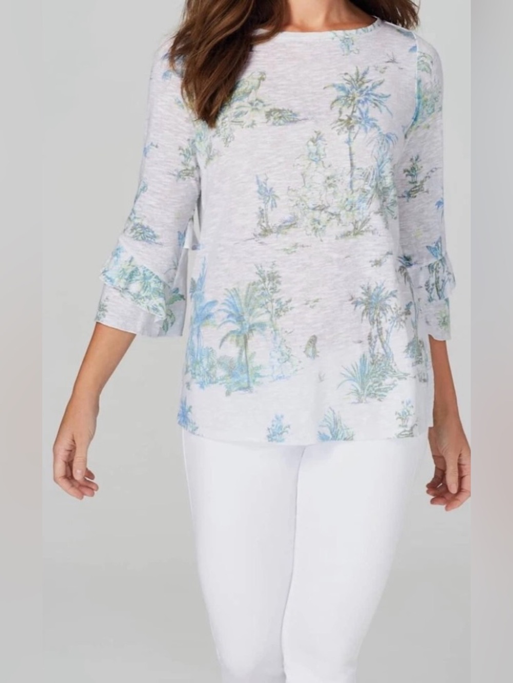 J. Jill Linen/Cotton White Tropical Print Ruffle Tiered Sleeve Blouse Top Sz M